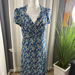 Leota Blue and White Floral Cap Sleeve Midi Dress
